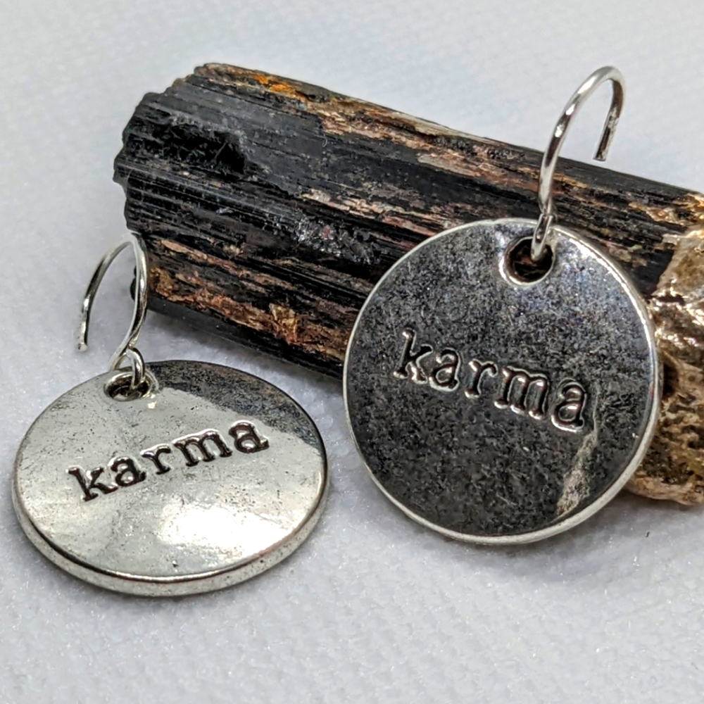 Pewter Karma Dangling Earrings - Sterling Silver Loops